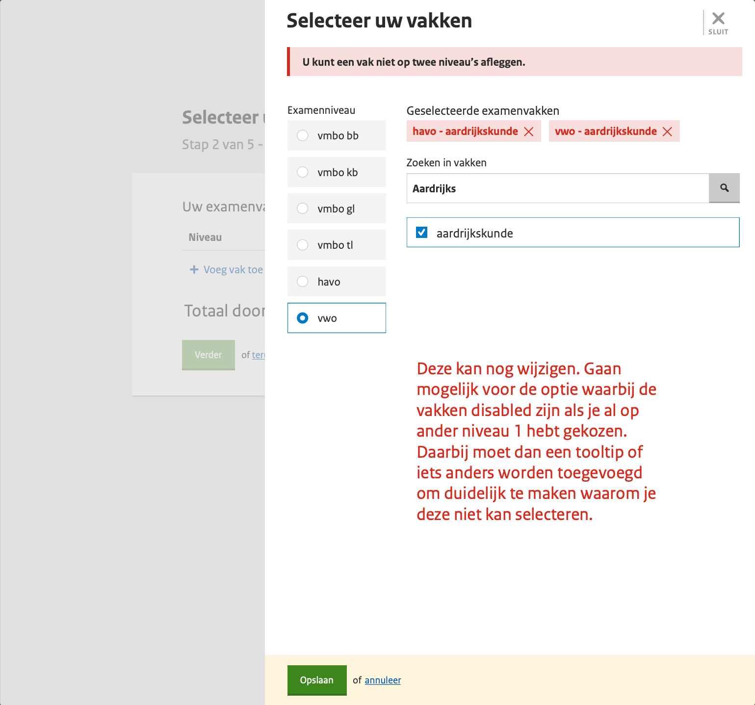 Selecteer uw vakken modal with error - cannot take a subject at two levels