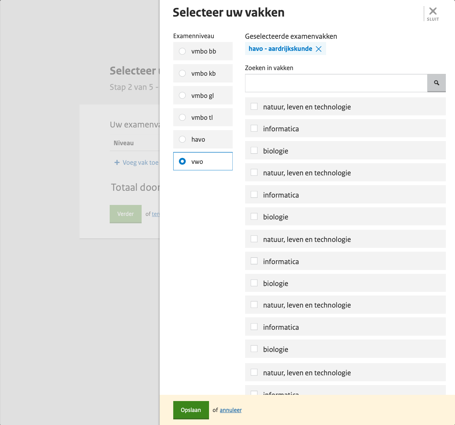 Selecteer uw vakken modal - examenniveau picker with full subject list for vwo