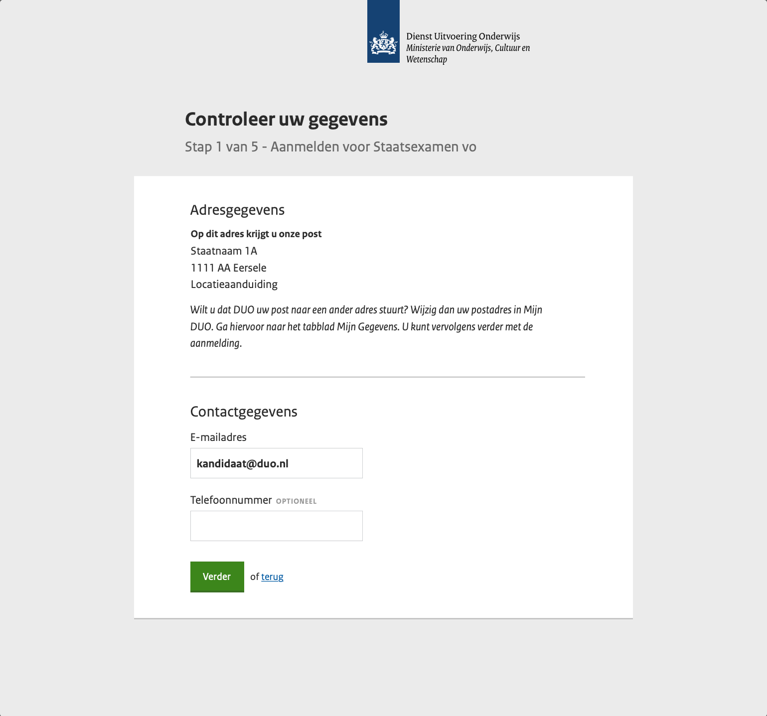 DUO Stap 1/5 - Controleer uw gegevens (adres + e-mail + telefoon)