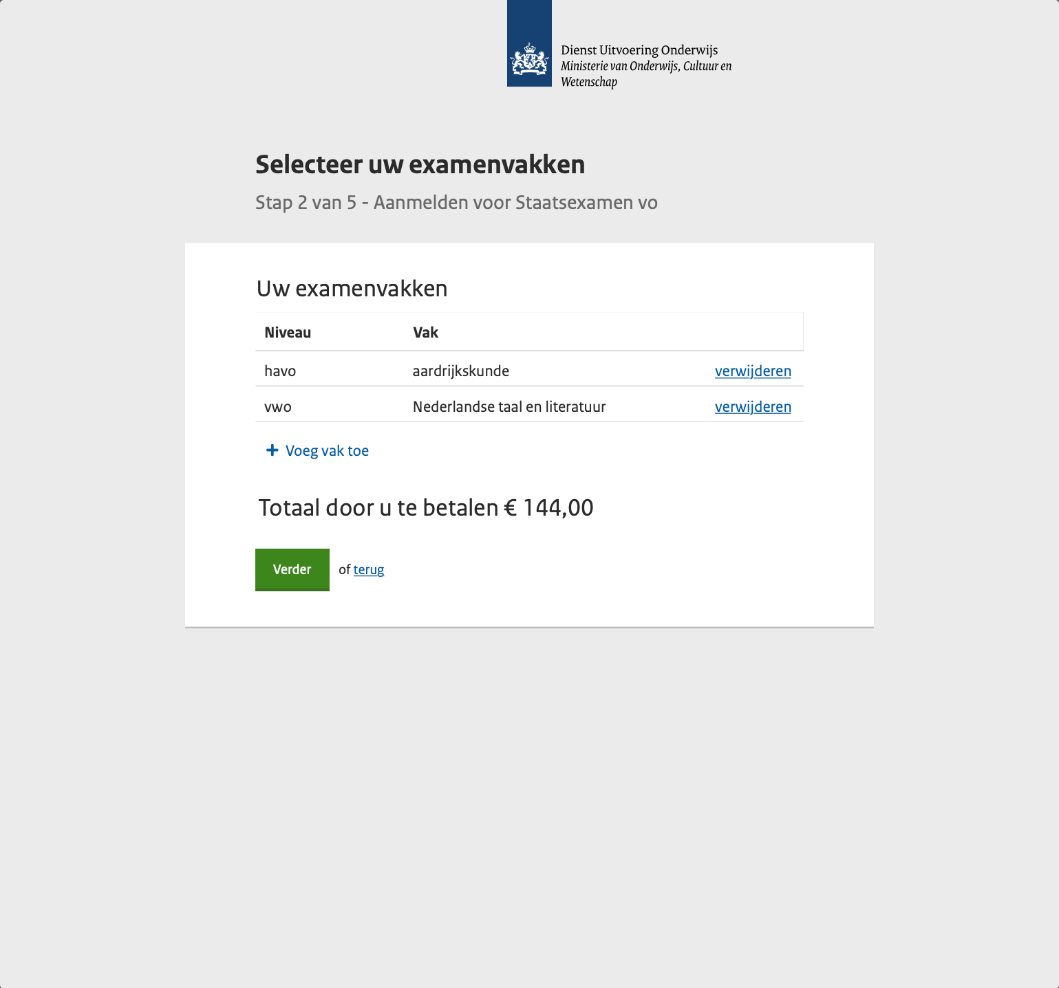 DUO Stap 2/5 - Selecteer uw examenvakken with havo aardrijkskunde + vwo Nederlandse taal en literatuur