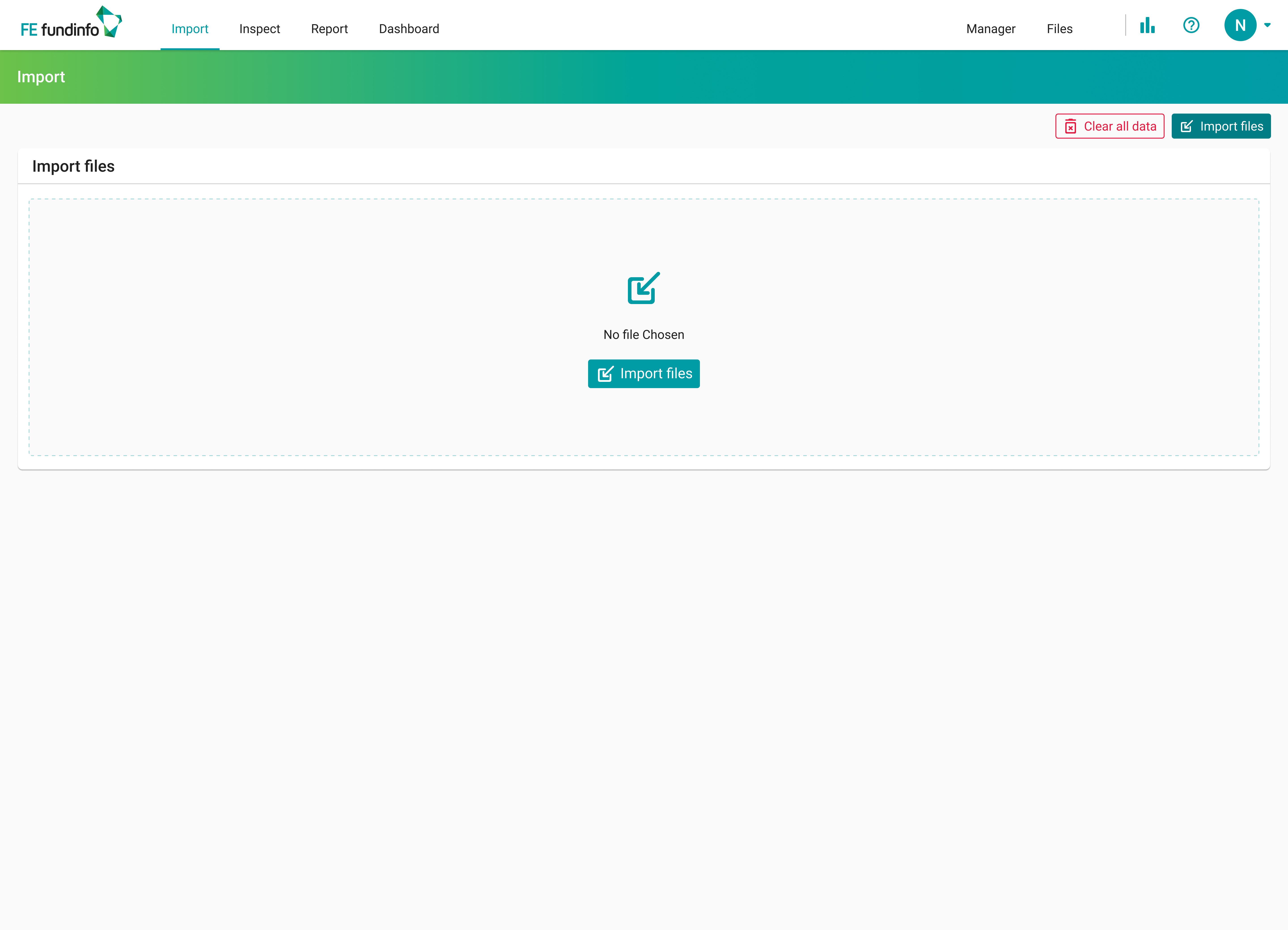 Import screen - empty state with file dropzone, Import files button and Clear all data