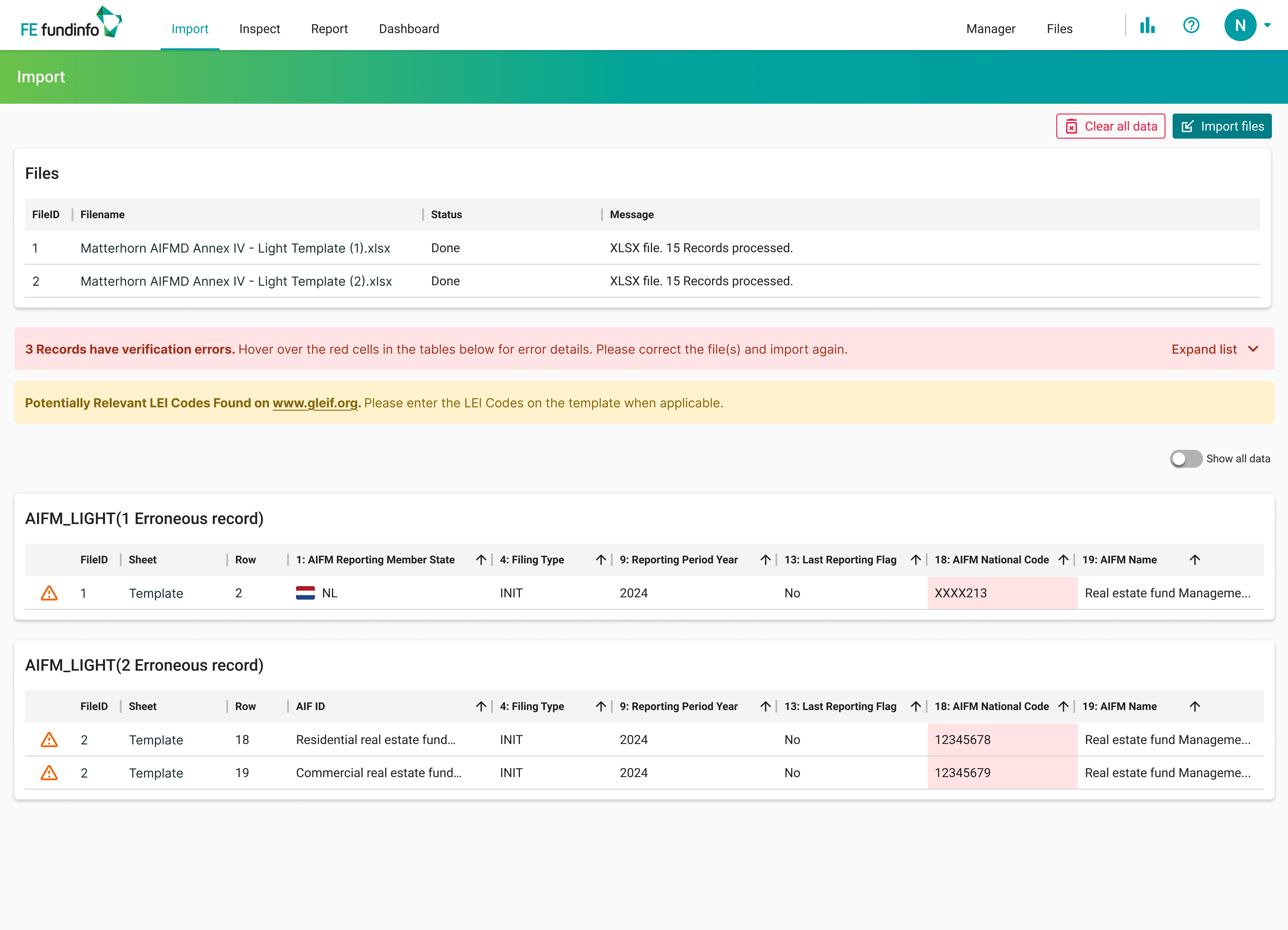 FE fundinfo Matterhorn Import screen with verification errors highlighted on AIFM_LIGHT records