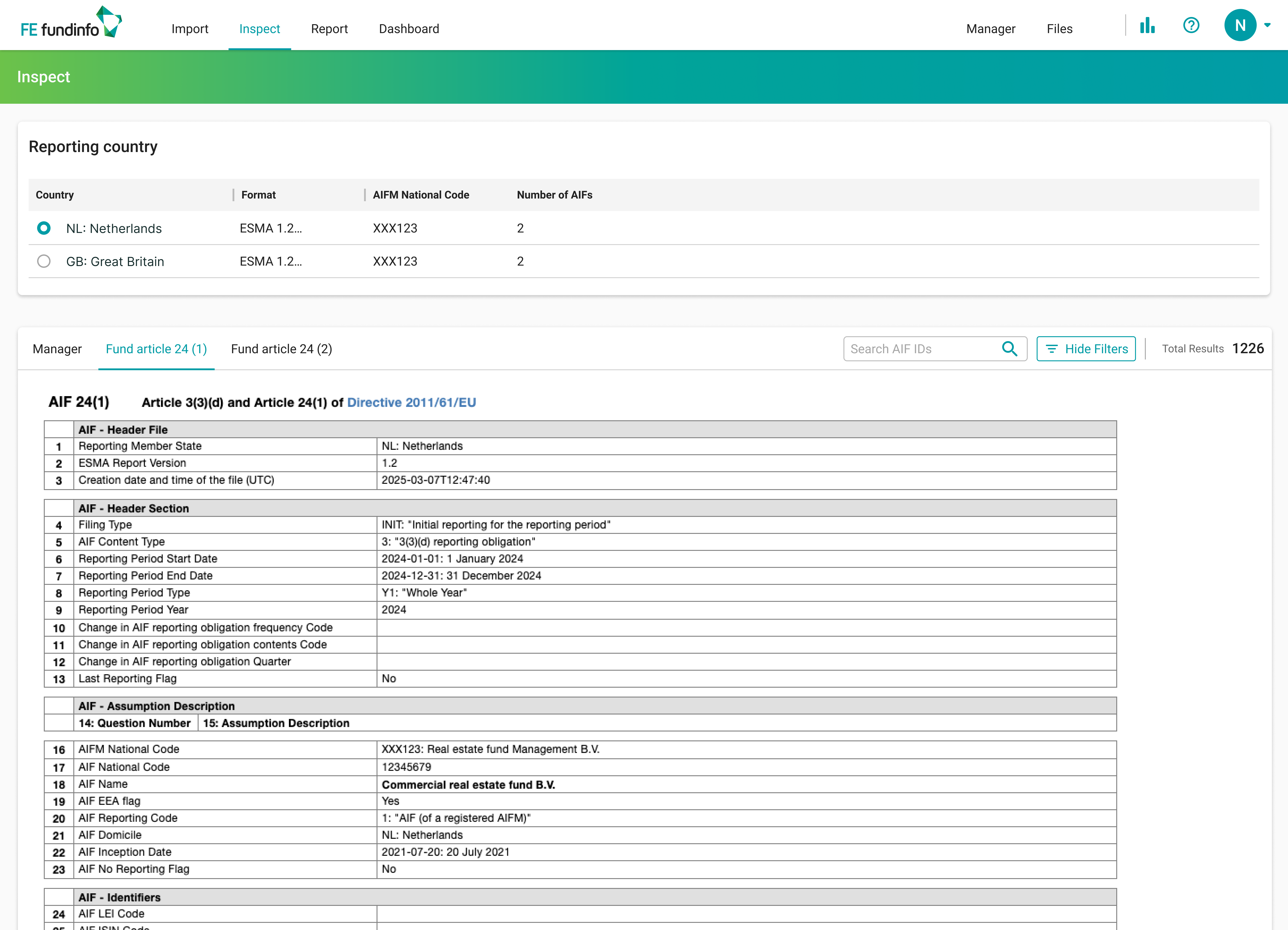 Inspect screen with country picker, Fund article 24 (2) tab active, AIF detail table