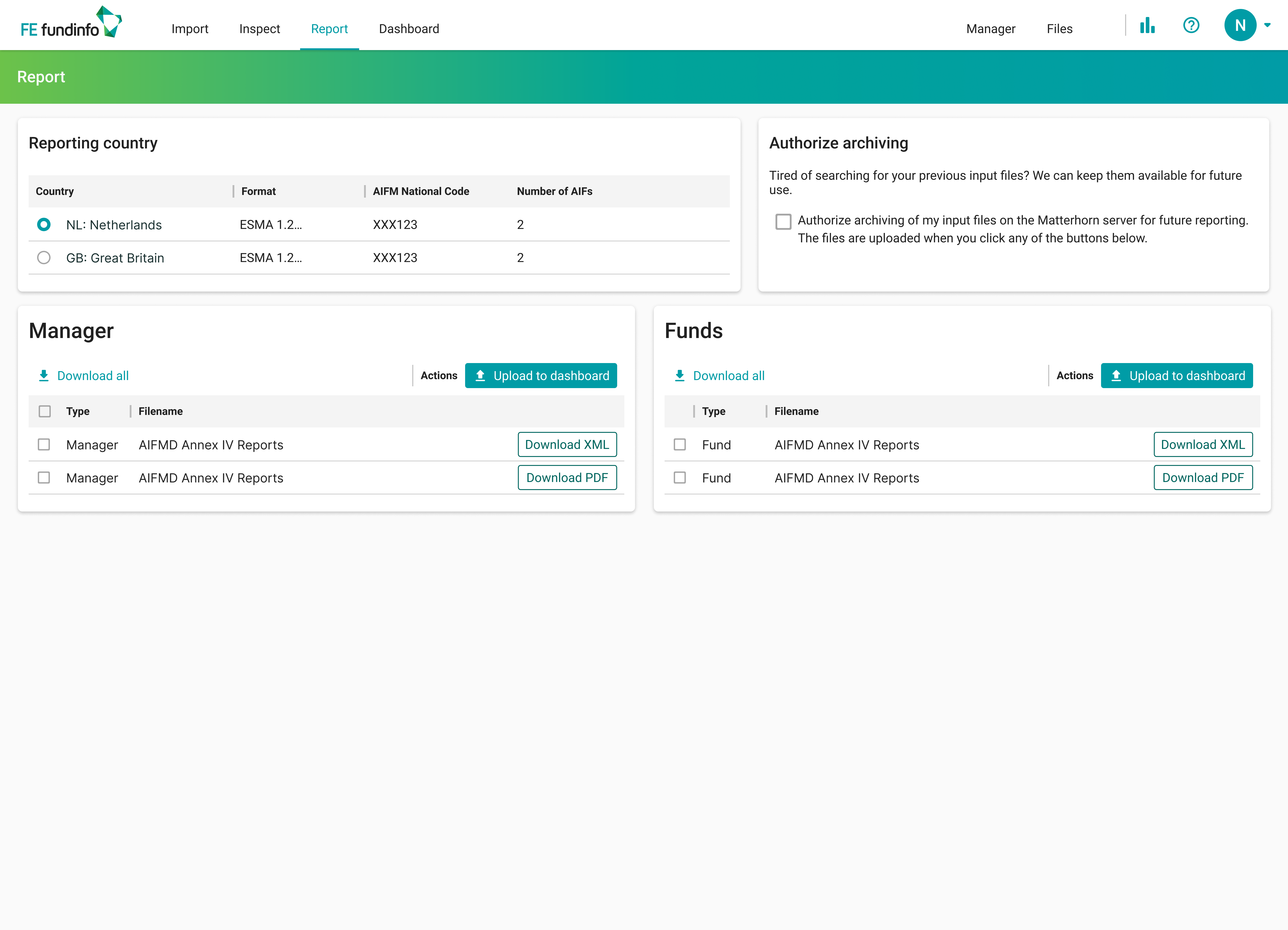 Report screen with country picker, Authorize archiving section, plus Manager and Funds download cards