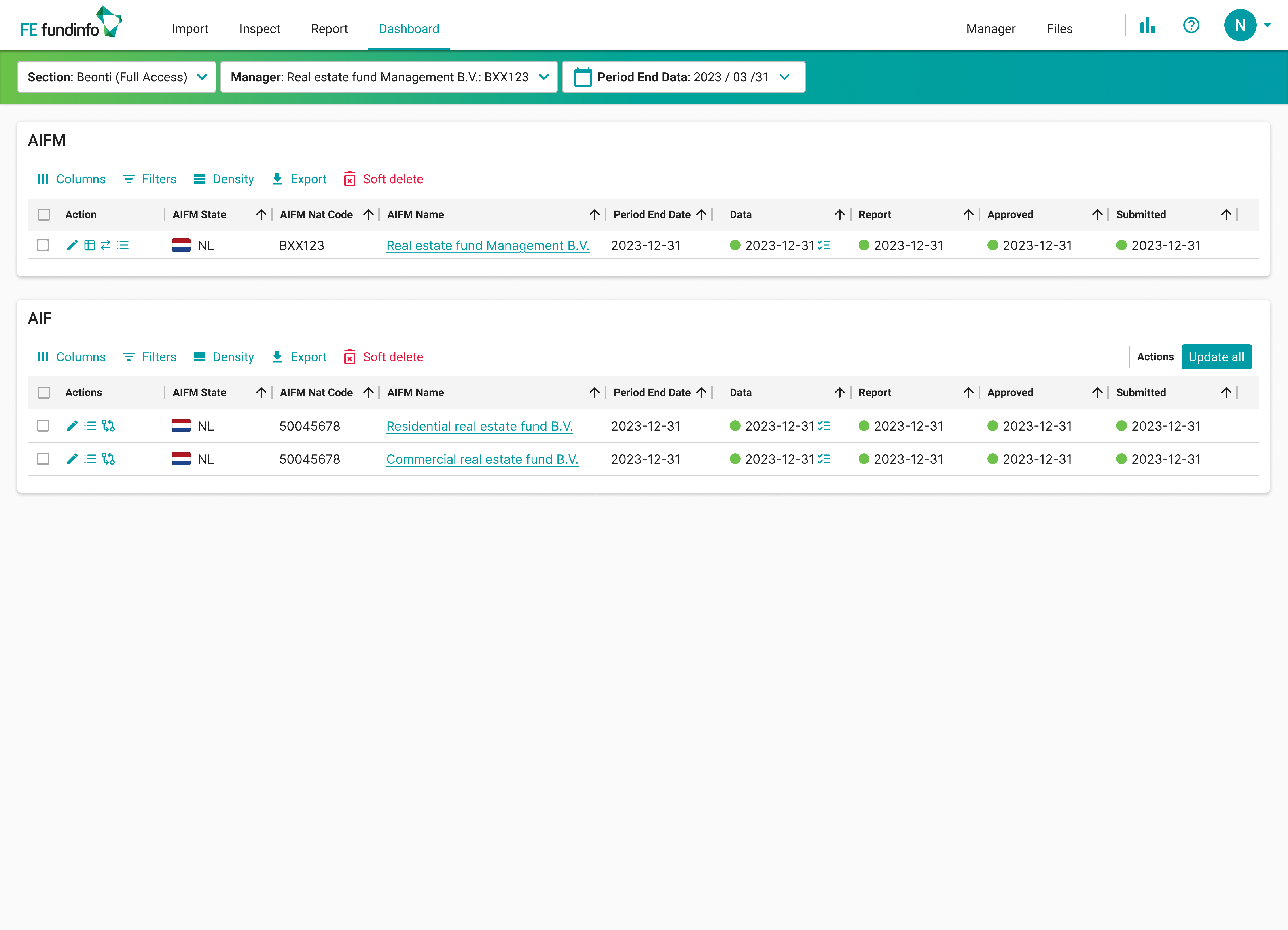 Detail dialog for Residential real estate fund B.V. showing Data, XML, Approved, Submitted, Accepted process states and Regulator response XML