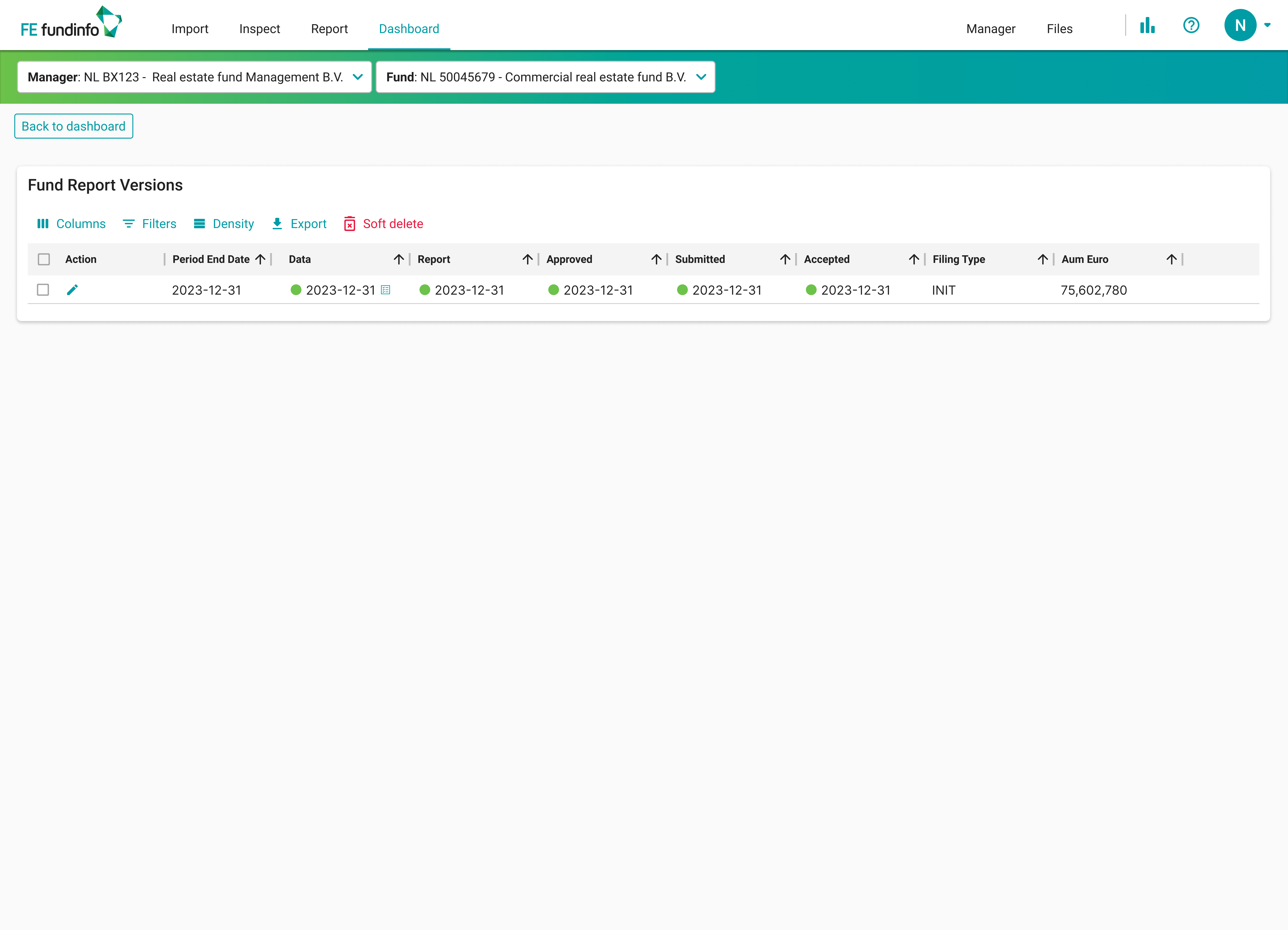 Fund Report Versions table - every version of the same period