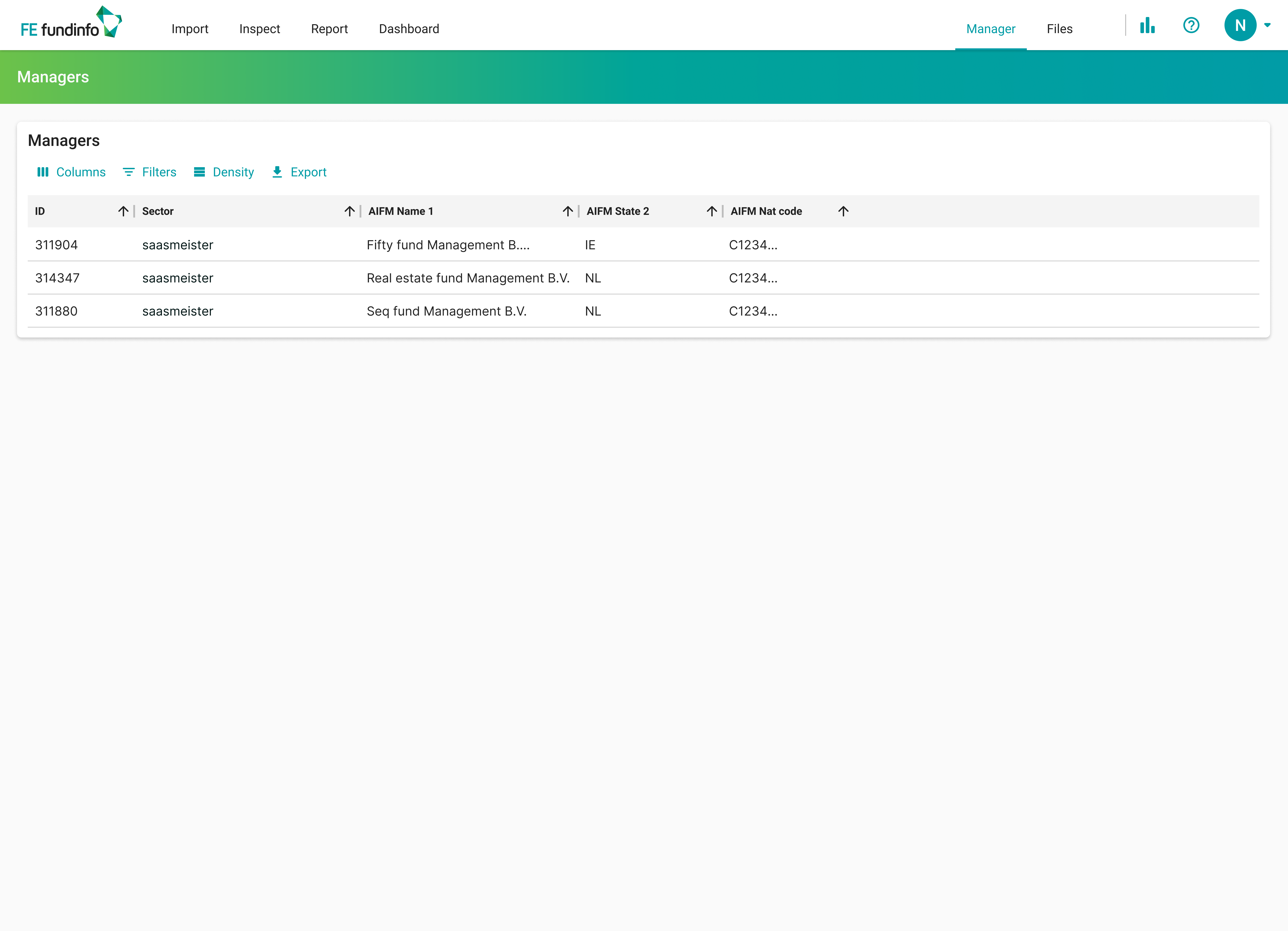 Managers list view with ID, Sector, AIFM Name, State and Nat code